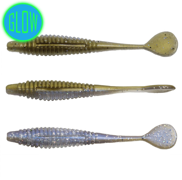 92mm Derby Slayer, Double Double, GLOW, Soft Plastic, Frostbite, Smallmouth, Largemouth, Bass, Crappie, Panfish, Walleye, Ice Fishing